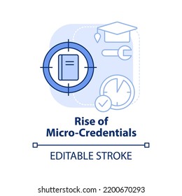 Rise Of Micro Credentials Light Blue Concept Icon. Short Course. Trend In Education Abstract Idea Thin Line Illustration. Isolated Outline Drawing. Editable Stroke. Arial, Myriad Pro-Bold Fonts Used