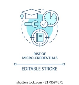 Rise Of Micro Credentials Turquoise Concept Icon. Short Course. Trend In Education Abstract Idea Thin Line Illustration. Isolated Outline Drawing. Editable Stroke. Arial, Myriad Pro-Bold Fonts Used