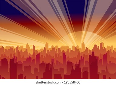 rise on background of the town landscape