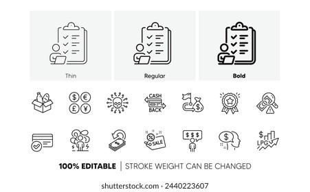 Iconos de línea de aumento de precio, Cashback y métodos de pago. Paquete de pago, moneda de dinero, icono de venta. Donación de alimentos, Beneficios de los empleados, Pictograma de fraude. Tarjeta de reembolso, gol financiero, ataque cibernético. Vector