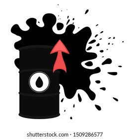Rise in price of oil market prices. Vector illustration of oil barrel, oil splash and red up arrow. Increasing demand. Fuel shortage.