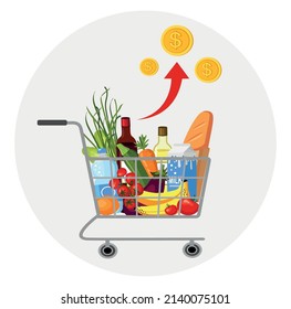 The rise in prices for products. Shopping cart, food basket. Set for grocery shopping. 
