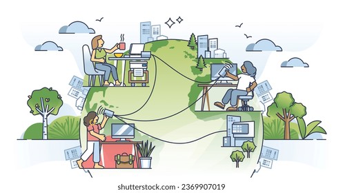 Rise of remote work culture as distant office job from home outline concept. Flexible workspace from distance for freelance employee vector illustration. Fast internet connection for online workplace