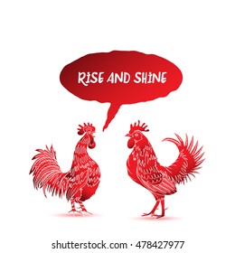 Rise and Shine calligraphy writing in speech bubble. Hipster design with roosters. Hand drawing morning roosters birds on white background.