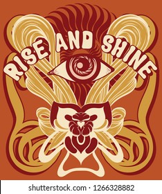 Rise and shine. Vector hand drawn illustration of human eye with flowers and floral elements . Creative artwork. Template for card, poster, banner, print for t-shirt, pin, badge, patch.