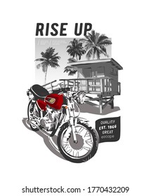 rise up slogan with motorcycle on beach hut and palm trees background