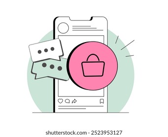 Crescimento do comércio social - tornando as compras móveis mais fáceis. As pessoas usam as redes sociais para fazer compras online. As plataformas de mídia social estão se tornando um lugar conveniente para navegar e comprar produtos ilustração