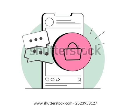 Rise of social commerce - making mobile shopping easier. People use social networks to shop online. Social media platforms are becoming convenient place for browsing and buying products illustration