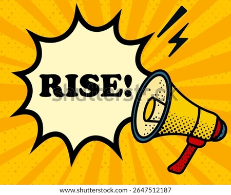 Rise speech bubble. Megaphone, lightning, speech burst, sound lines, pop art style, loudspeaker, public speaking, yellow background, expression, voice, alert, broadcast