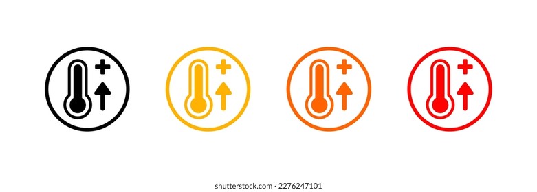 Rise in temperature icons set. Flat, color, high temperature on the thermometer. Vector icons.