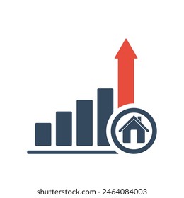 rise trend bar chart with house sign and red up arrow, real estate sign vector icon