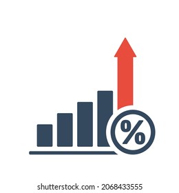 Rise Trend Bar Chart With Percent Sign And Red Up Arrow, Inflation Or Tax Vector Icon