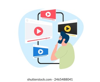 Rise of Video Content for Marketing. Man is surrounded by personalized search-optimized videos from various media platforms. Huge video trends flat vector illustration on white background