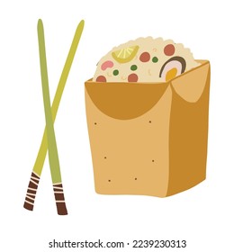 Rise wok vith vegatables and chopsticks. Asian street food.