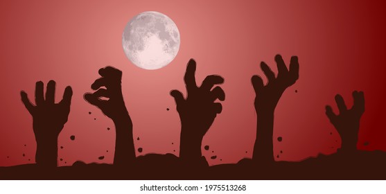 Rise of zombie hand from the ground. Hands on other layer. Zombies hands and fingers designs rising out from the ground. Scary hand. set for Halloween party. Vector horror, evil. Rest in Peace, rip.