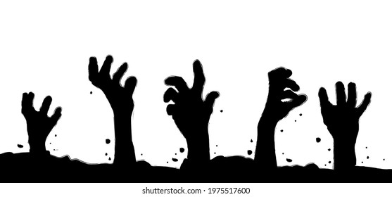 Rise of zombie hand from the ground. Hands on other layer. Zombies hands and fingers designs rising out from the ground. Scary hand. set for Halloween party. Vector horror, evil. Rest in Peace, rip.