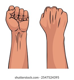 Rised fist hand gesture drawn emblem. Vector hand clenched into fist and rising up, symbol isolated on white background. Power sign. Human hand up in the air