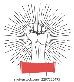 Rised fist hand gesture emblem. Vector hand clenched into fist and rising up, symbol isolated on white background. Power sign. Human hand up in the air
