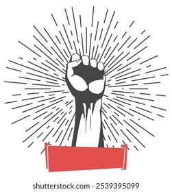 Rised fist hand gesture emblem. Vector hand clenched into fist and rising up, symbol isolated on white background. Power sign. Human hand up in the air