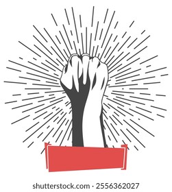 Rised fist hand gesture emblem. Vector hand clenched into fist and rising up, symbol isolated on white background. Power sign. Human hand up in the air