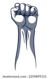 Rised fist hand gesture monochrome drawn emblem. Vector hand clenched into fist and rising up, symbol isolated on white background. Power sign. Human hand up in the air