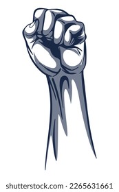 Rised fist hand gesture monochrome drawn emblem. Vector hand clenched into fist and rising up, symbol isolated on white background. Power sign. Human hand up in the air