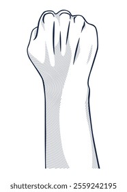 Rised fist hand gesture monochrome drawn emblem. Vector hand clenched into fist and rising up, symbol isolated on white background. Power sign. Human hand up in the air