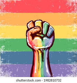 Rised LGBT fist colored in lgbt flag isolated on pride flag background. lgbt month or day poster design template. Fight for your LGBT rights concept vector illustration