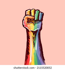 Rised LGBT fist colored in lgbt flag isolated on pink background. lgbt month or day poster design template. Fight for your LGBT rights concept vector illustration