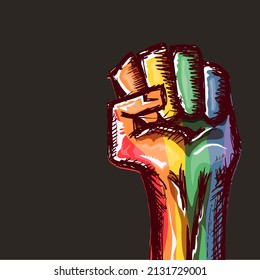 Rised LGBT fist colored in lgbt flag isolated on grey background. lgbt month or day poster design template. Fight for your LGBT rights concept vector illustration