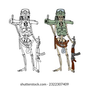 El soldado muerto en ascenso. Un infantista decaído. Un guerrero esqueleto. Ilustración vectorial con líneas de contorno aisladas en un fondo blanco en estilo de dibujos animados.