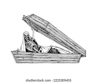 The risen dead from a wooden coffin. Vector illustration with black lines isolated on white background in a doodle and hand drawn style.	