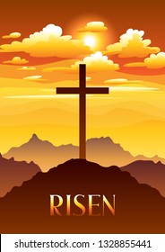 Risen. Easter illustration. Greeting card with cross and clouds. Religious symbol of faith.