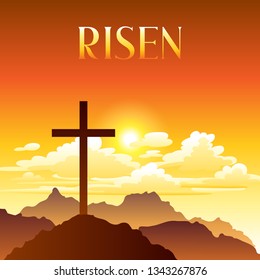 Risen. Easter illustration. Greeting card with cross and clouds. Religious symbol of faith.