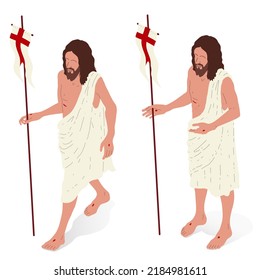 Risen Jesus standing, front and side view. Isometric vector illustration, isolated figure.