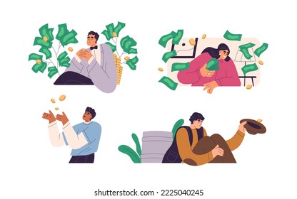 Rish and poor people. Wealthy millionaires with money vs unemployed beggar, needy person. Finance inequality, wealth and poverty concept. Flat graphic vector illustrations isolated on white background