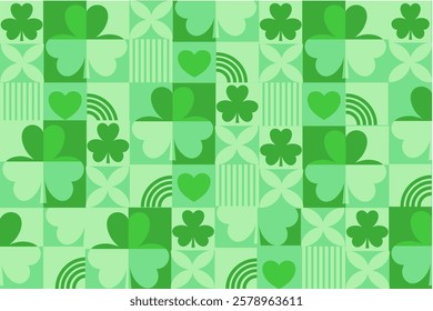 rish vector background with green clovers, bauhaus style tiled pattern