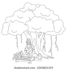 Rishi hermit sage saint writing vedic book under tree. Ancient ayurveda