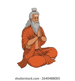 Rishi Muni Character Vector, Indian Rishi Character Illustration, Namaskar, Cartoon, Indian Rishi Vector Art