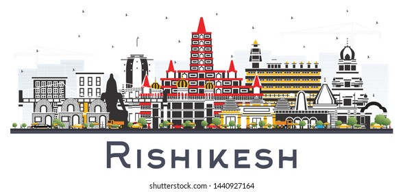 Rishikesh India City Skyline with Color Buildings Isolated on White. Vector Illustration. Business Travel and Tourism Concept with Historic Architecture. Rishikesh Cityscape with Landmarks.