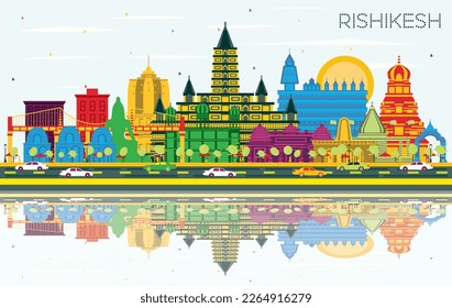 Rishikesh India City Skyline with Color Buildings, Blue Sky and Reflections. Vector Illustration. Business Travel and Tourism Concept with Historic Architecture. Rishikesh Cityscape with Landmarks.