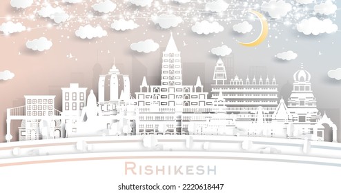 Rishikesh India City Skyline in Paper Cut Style with White Buildings, Moon and Neon Garland. Vector Illustration. Business Travel and Tourism Concept. Rishikesh Cityscape with Landmarks.