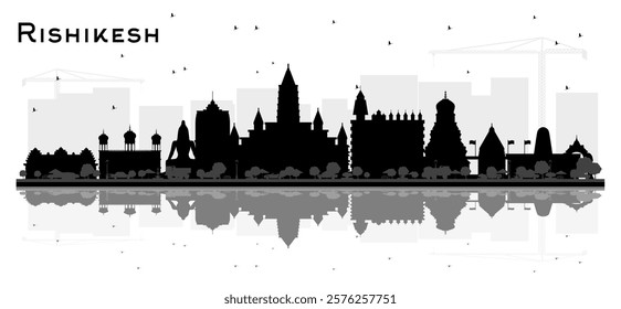 Rishikesh India City Skyline Silhouette with Black Buildings and reflections Isolated on White. Vector Illustration. Tourism Concept with Historic Architecture. Rishikesh Cityscape with Landmarks.