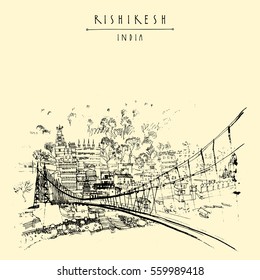 Rishikesh, Uttarakhand, Northern India. Lakshman Jhula, iron suspension bridge across the Ganges river. Ashrams and yoga centers on the hill. Vintage style postcard. Vector.