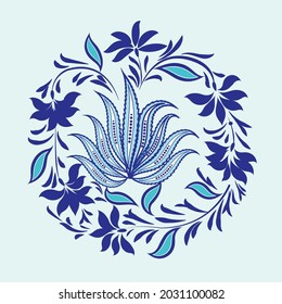 Rishtan ceramics pattern - handmade pottery, artisans from Ferghana Valley, Uzbekistan. Cobalt color pottery, old traditional culture. Flowers. Nature