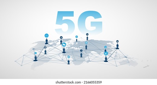 Rising 5G Network Label with World Map, People, Icons and Network Mesh - High Speed Broadband Mobile Telecommunication and Wireless Internet Design, New Cutting Edge Global Mobile Technology Concept