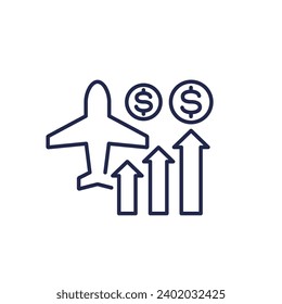 rising airfare, high flight cost line icon