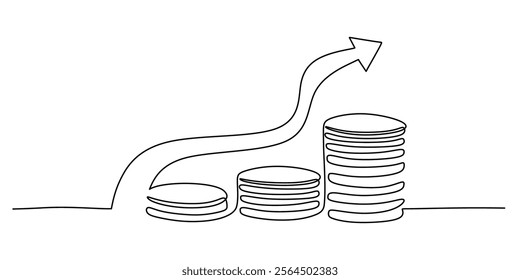 A rising arrow above a stack of coins, symbolizing growth and financial progress. Continuous line drawing for business and banking concepts. Vector illustration hand drawn.