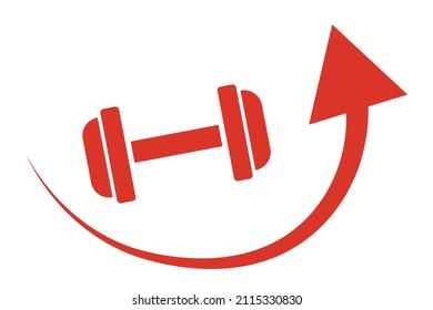 Rising arrow and dumbbell icon. Muscle training. Strengthening muscles. Vectors.