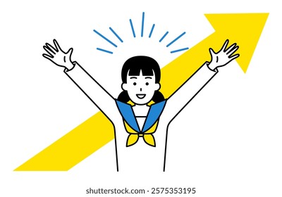 Rising arrow and a female student who is happy with her hands raised